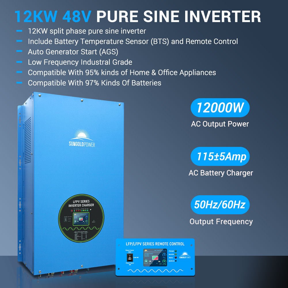 Complete off Grid Solar Kit 12000W 48V 120V/240V output 10.24KWH Lithium Battery 5400 Watt Solar Panel SGK-12MAX