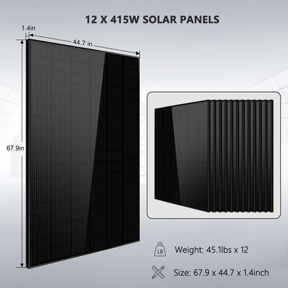 Off Grid Solar Kit 10000W 48VDC 120VAC/240V 20.48KWH Powerwall Lithium Battery 12 X 415 Watts Solar Panels SGM-10M2T