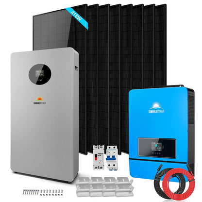 Off-Grid Solar Kit 8000W 48VDC 120V/240V LifePo4 10.24KWH-16.07KWH Lithium Battery 8 X 415 Watts Solar Panels SGR-8K10E